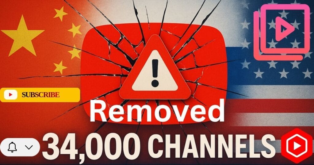YouTube removes 34,000 propaganda channels in 2025, warning sign over YouTube logo, global flags in background, digital safety concept.