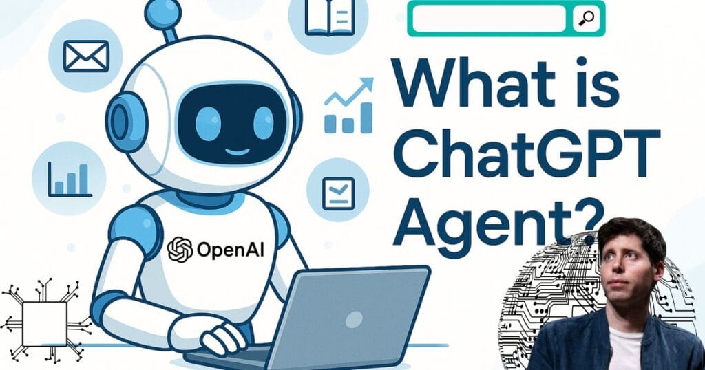Digital assistant ChatGPT Agent working on laptop, creating emails, researching and data reports, in Technology theme